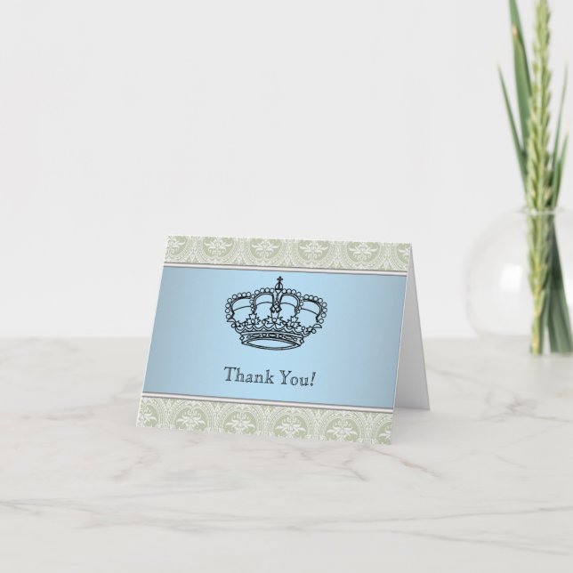 Green Damask Crown Little Prince Thank You Cards (Front)