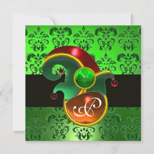 GREEN DAMASK ,ELF HAT ST.PATRICK'S PARTY MONOGRAM INVITATION