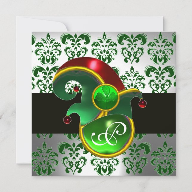 GREEN DAMASK ,ELF HAT ST.PATRICK'S  PARTY MONOGRAM INVITATION (Front)