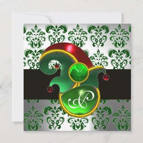 GREEN DAMASK ELF HAT STPATRICKS  PARTY MONOGRAM INVITATION