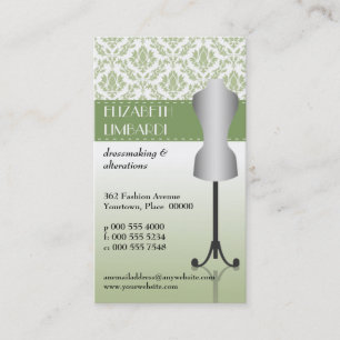 Green Damask Fashion Dress Form Business Card