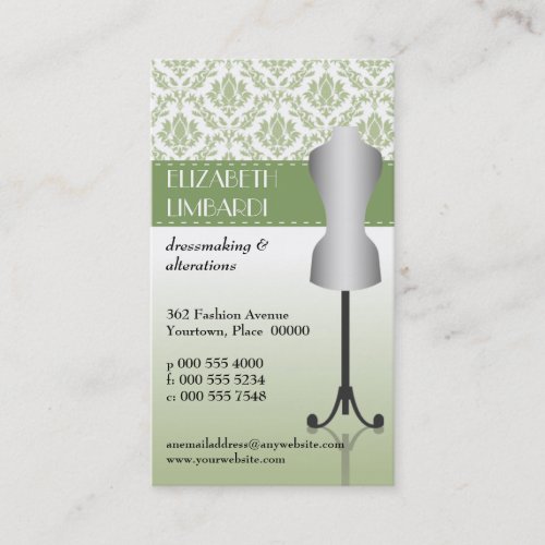 Green Damask Fashion Dress Form Business Card