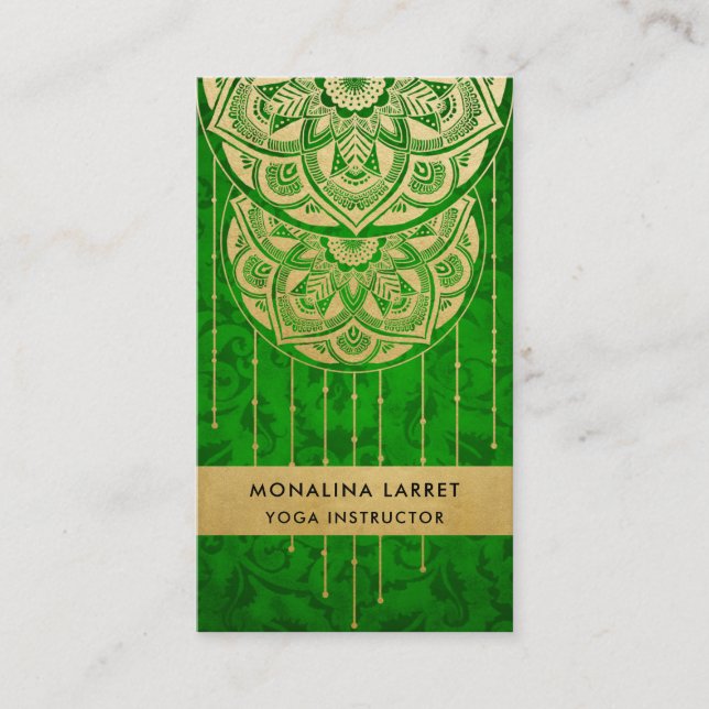 Green Damask Faux Gold Foil Mandala Pattern  Business Card (Front)
