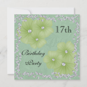 Green Damask & Flowers 17th Birthday Invitation