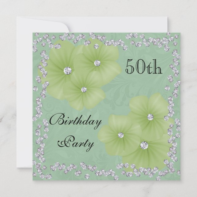 Green Damask & Flowers 50th Birthday Invitation (Front)