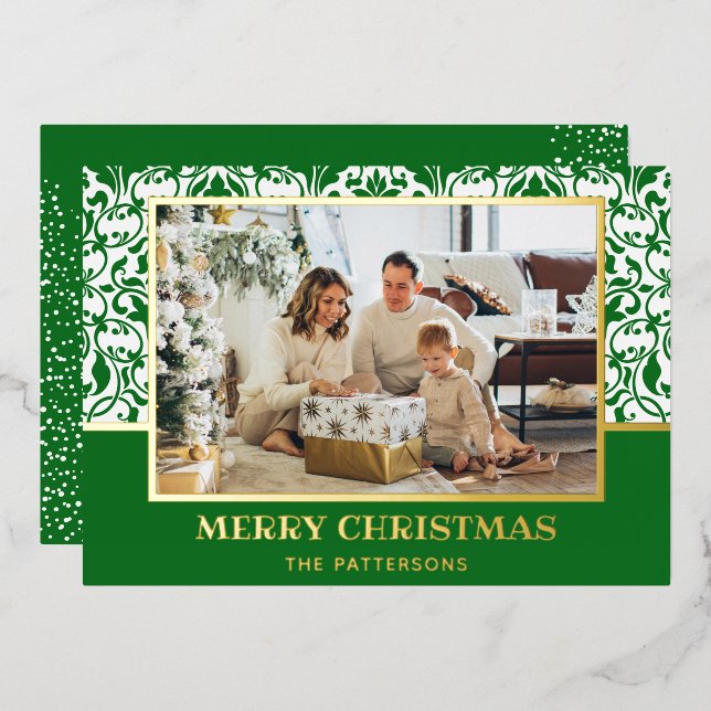 Green Damask Foil Holiday Card (Front/Back)