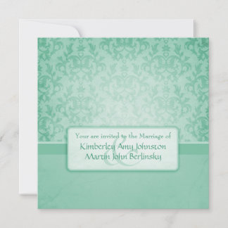 Green damask formal wedding square invitation