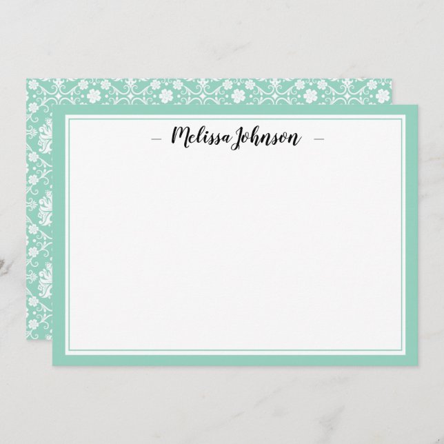 Green Damask French Design Personalized Note Card (Front/Back)