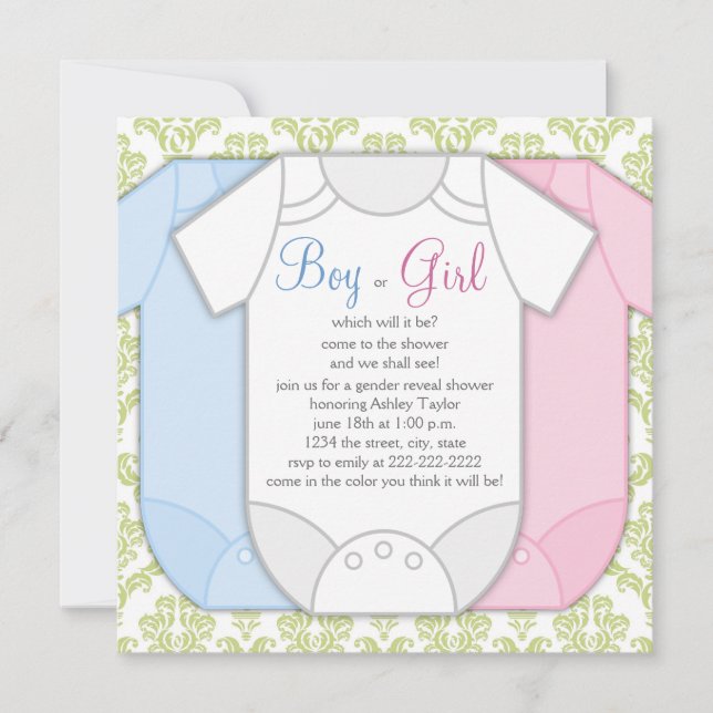 Green Damask Gender Reveal Shower Invitations (Front)
