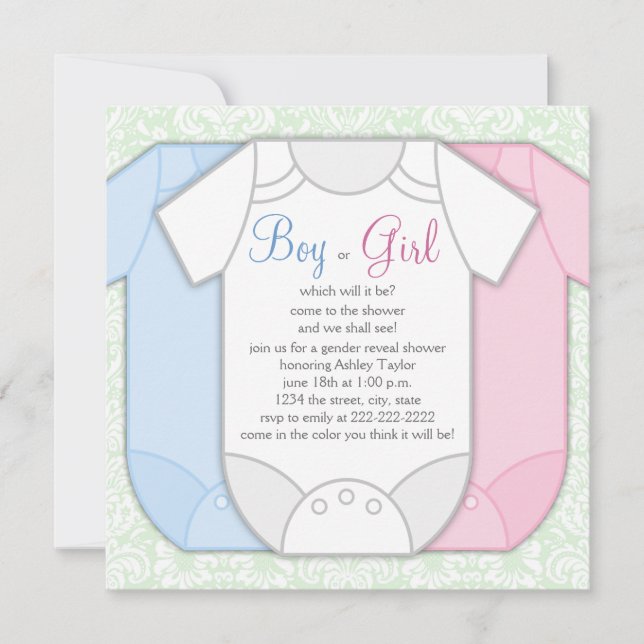 Green Damask Gender Reveal Shower Invitations (Front)