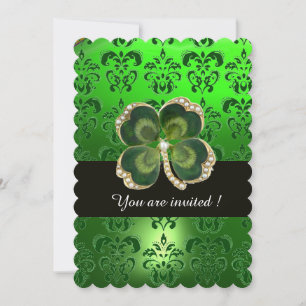 GREEN DAMASK,GOLD SHAMROCK JEWEL WITH WHITE PEARLS INVITATION