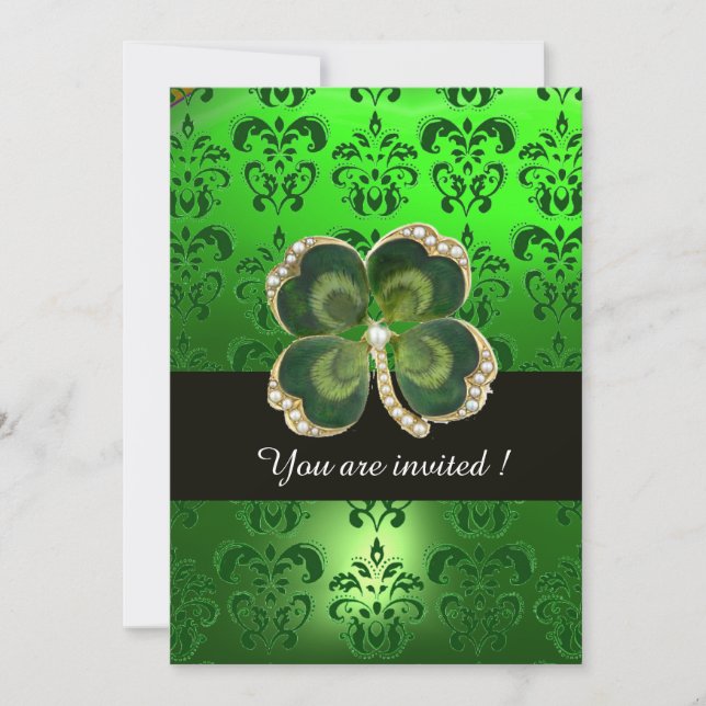 GREEN DAMASK,GOLD SHAMROCK JEWEL WITH WHITE PEARLS INVITATION (Front)