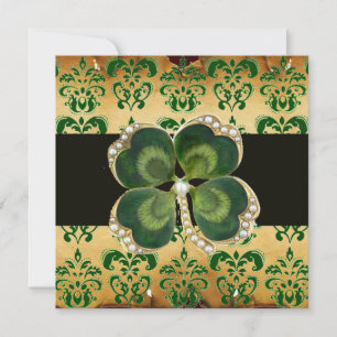 GREEN DAMASK,GOLD SHAMROCK JEWEL WITH WHITE PEARLS INVITATION