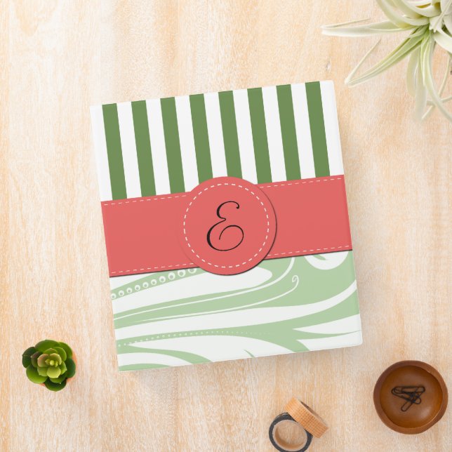 Green Damask, Green Stripes, Striped, Monogram Binder (In Situ)