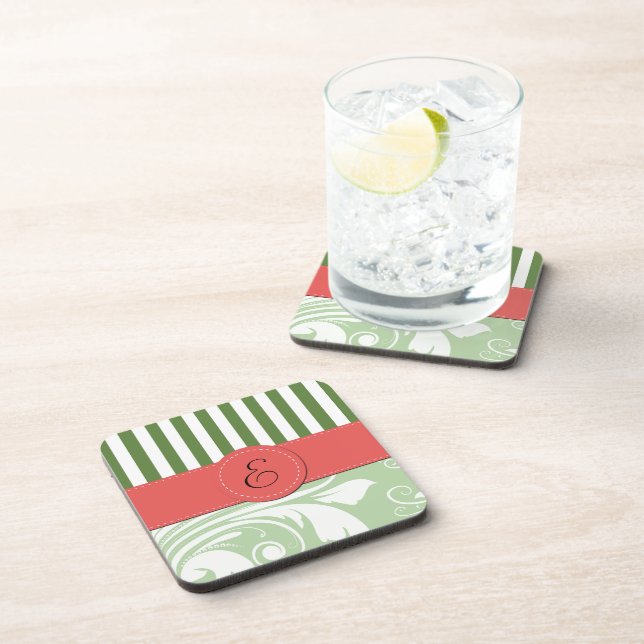 Green Damask, Green Stripes, Striped, Monogram Drink Coaster (Right Side)