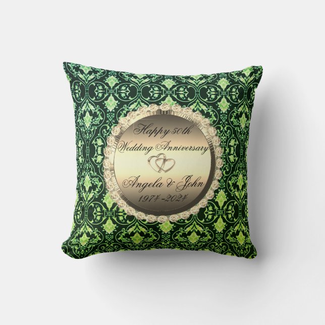  Green Damask Hearts 50th Wedding Anniversary Throw Pillow (Front)