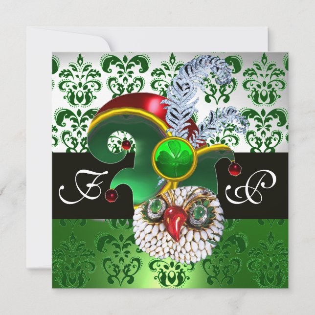 GREEN DAMASK ,JEWEL OWL ,ELF HAT,DIAMOND  FEATHERS INVITATION (Front)