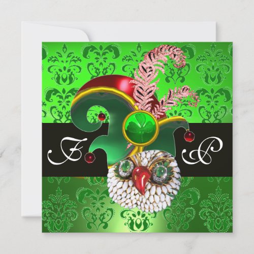 GREEN DAMASK JEWEL OWL ELF HATDIAMOND  FEATHERS INVITATION