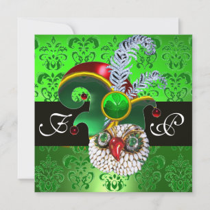 GREEN DAMASK ,JEWEL OWL ,ELF HAT,DIAMOND FEATHERS INVITATION