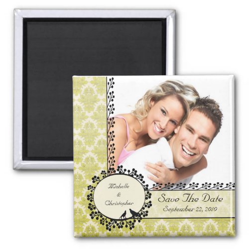 Green Damask Love Birds Photo Save The Date Magnet