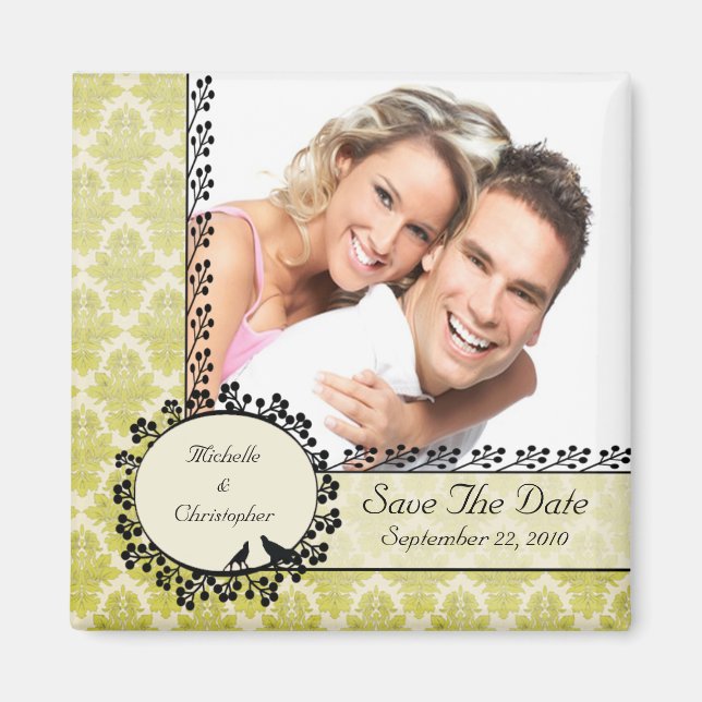 Green Damask Love Birds Photo Save The Date Magnet (Front)