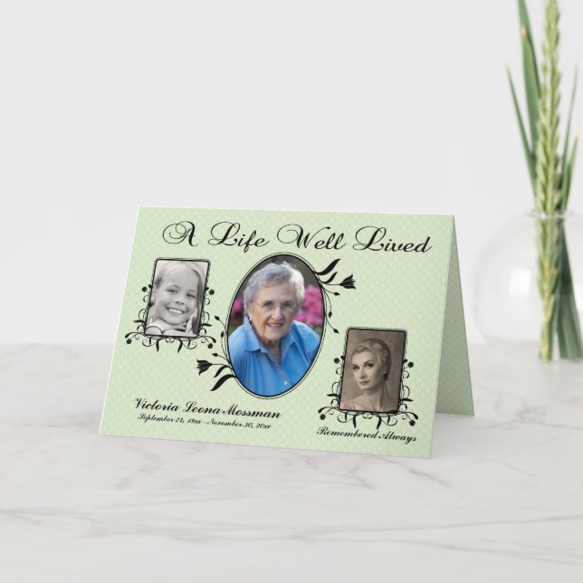 Green Damask Memorial Card with Multi Photos (Front)