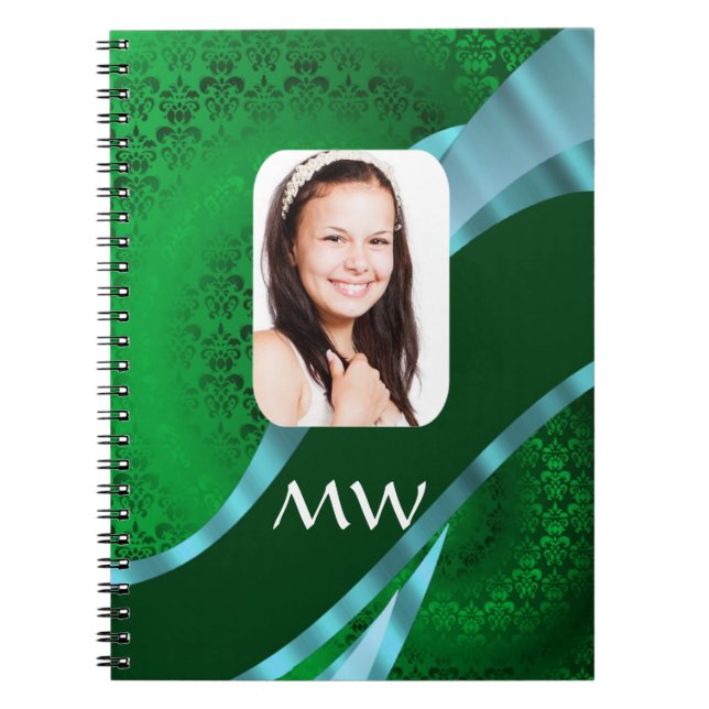 Green damask monogram photo template notebook (Front)