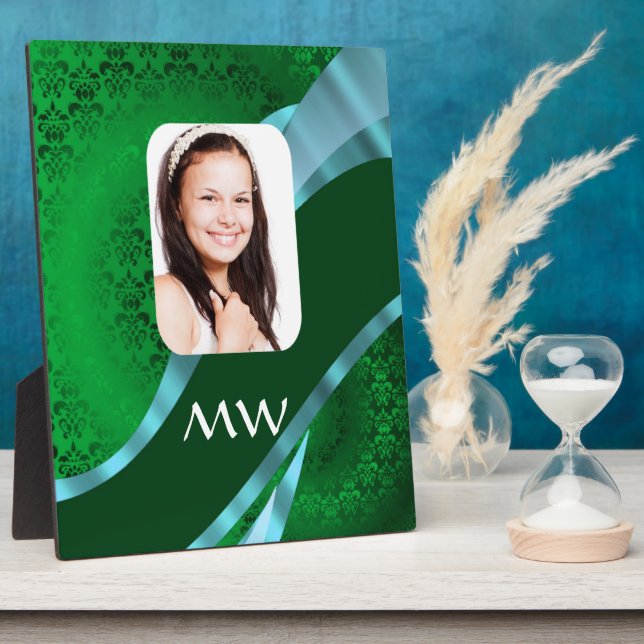 Green damask monogram photo template plaque (Side)