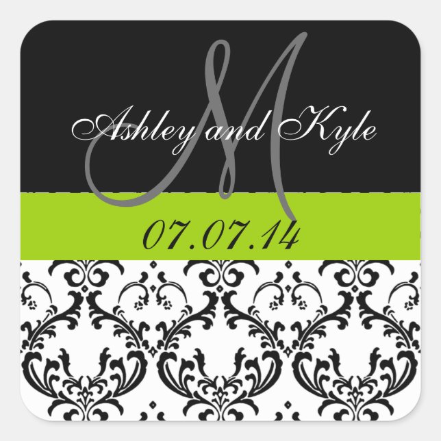 Green Damask Monogram Save the Date Stickers (Front)