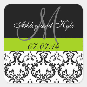 Green Damask Monogram Save the Date Stickers