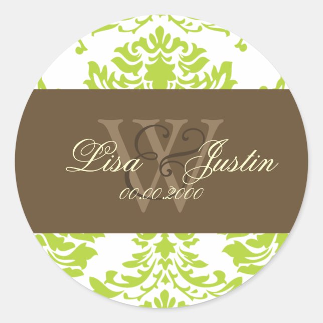 Green Damask monogram wedding stickers (Front)