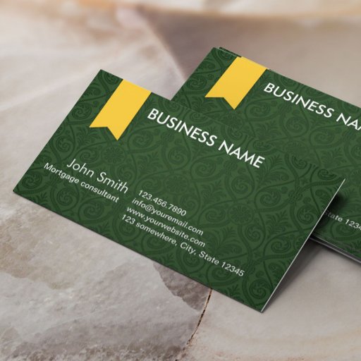 Customizable Green Damask Mortgage Agent Business Card