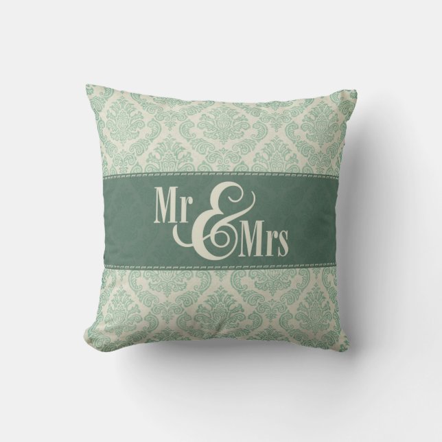 Green Damask "Mr & Mrs" pillow, personalized Throw Pillow (Front)