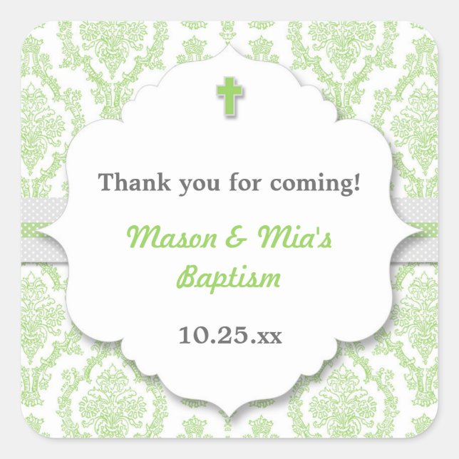 Green Damask neutral gen Christening Baptism favor Square Sticker (Front)