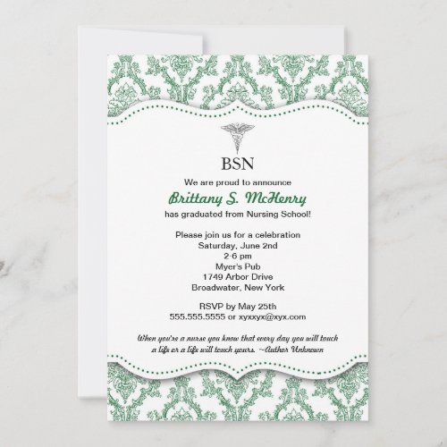 Green Damask Nurse graduation pinning invites