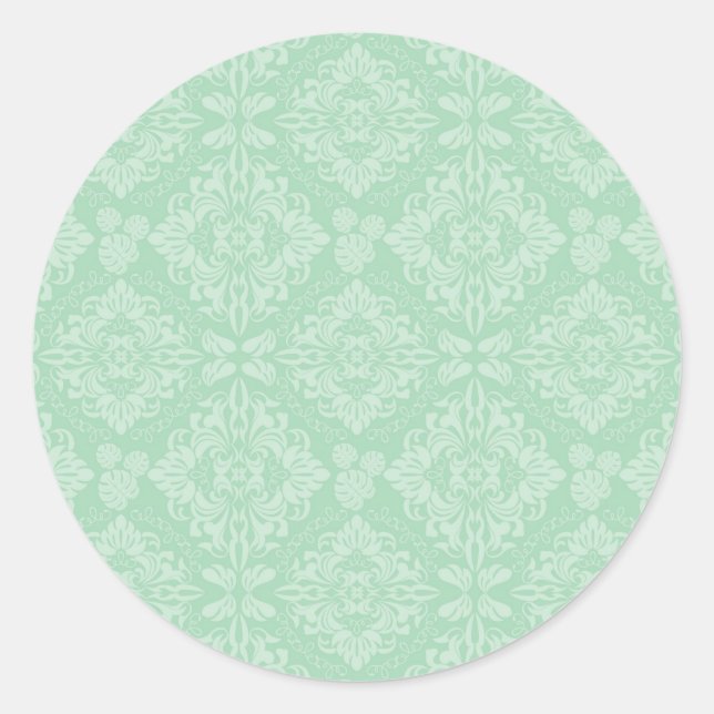 Green damask pattern classic round sticker (Front)
