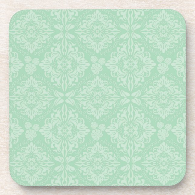 Green damask pattern drink coaster (Front)