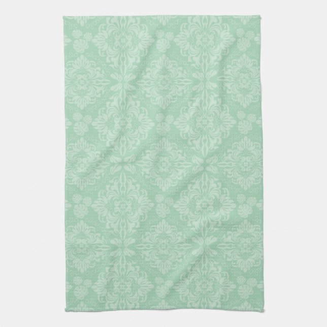 Green damask pattern kitchen towel (Vertical)