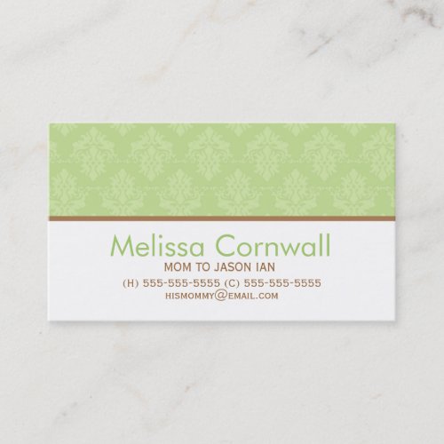 Green Damask Pattern Mom Calling Cards Business Card Template