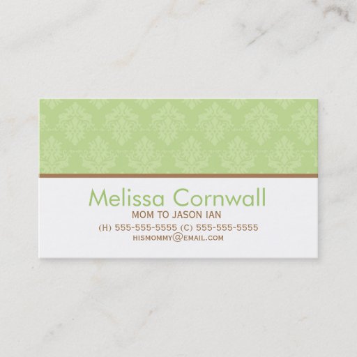 Customizable Green Damask Pattern Mom Calling Cards Business Card Template