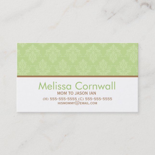 Green Damask Pattern Mom Calling Cards (Front)