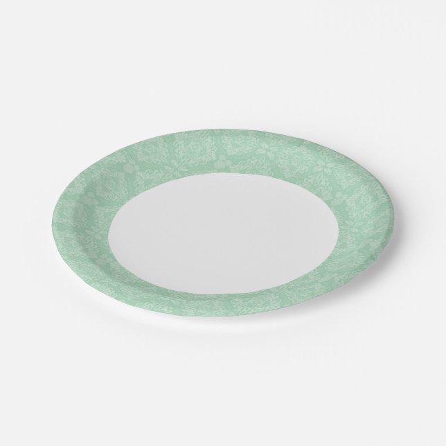 Green damask pattern paper plates (Angled)