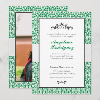 Green Damask Pattern Photo Graduation Invitation