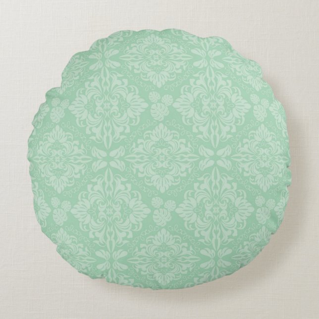 Green damask pattern round pillow (Front)