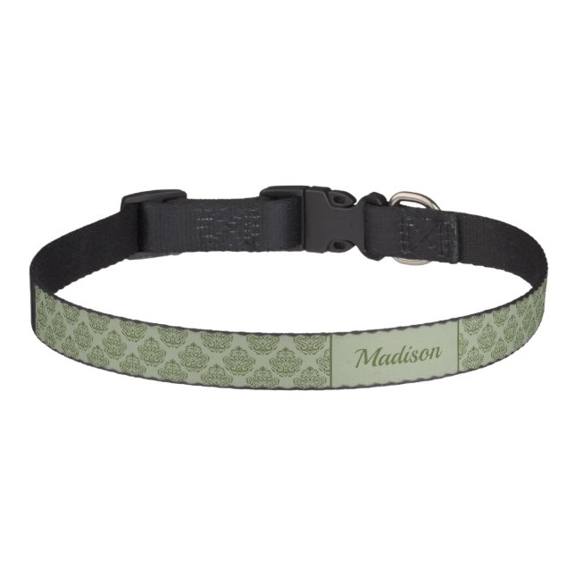 Green Damask Pattern With Custom Pet Name Pet Collar (Front)