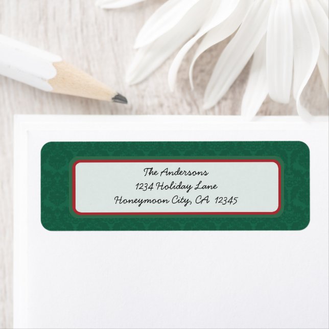 Green Damask Red Christmas Return Address Label (Insitu)