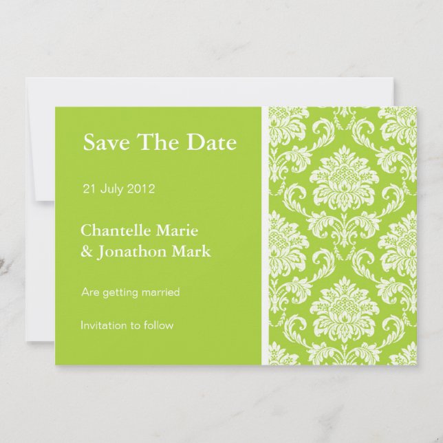 Green Damask Save The Date Card (Front)