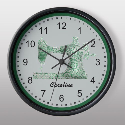 Green Damask Sewing Machine Wall Clock