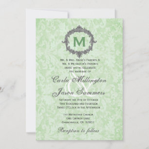 Green Damask Silver Vintage Frame Monogram Wedding Invitation