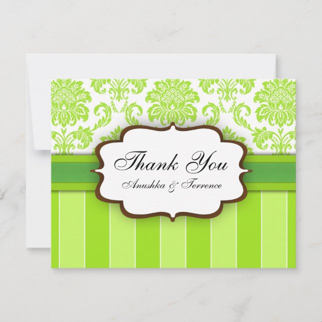 Green Damask Stripe Wedding Thank You Card (Front)